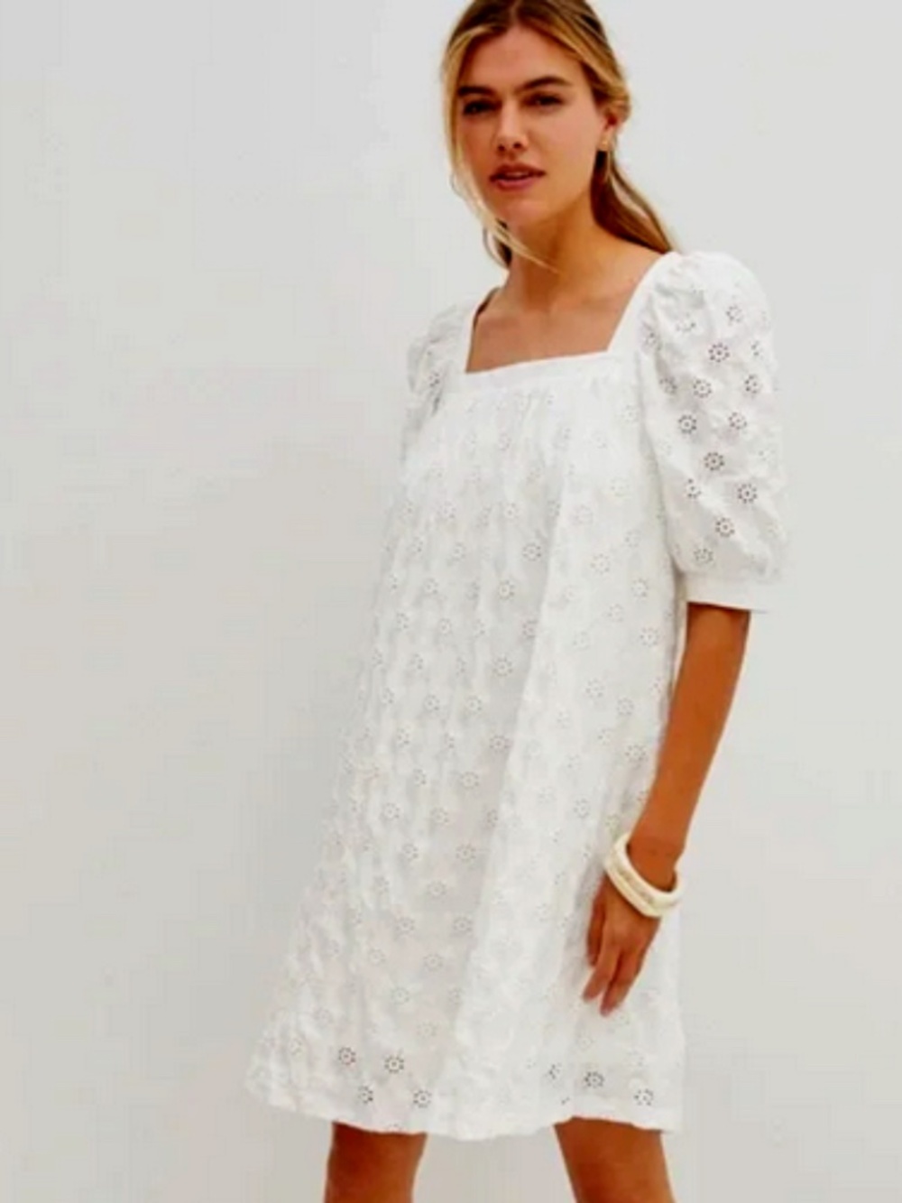 Cottagecore Boho Romantic Coastal Babydoll Mini Dress White Eyelet Sz XS
